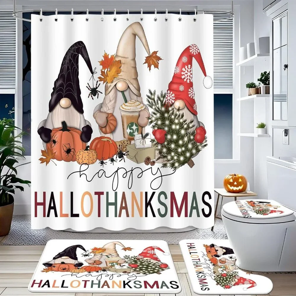 Eco-Friendly Halloween Gnome Shower Curtain Set with Non-Slip Rugs – 4Pcs